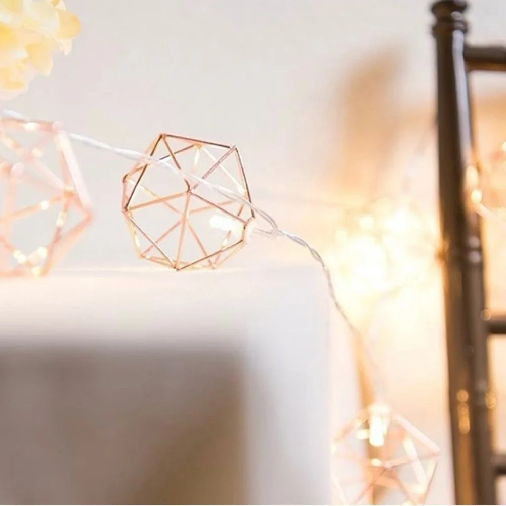 Metal String Lights, 10ft 20LED Rose Gold Metal Geometric Lights Battery Powered
